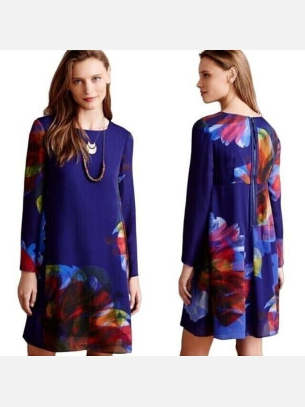 leifsdottir Deep Blue Long-Sleeve Floral Print Shift Dress